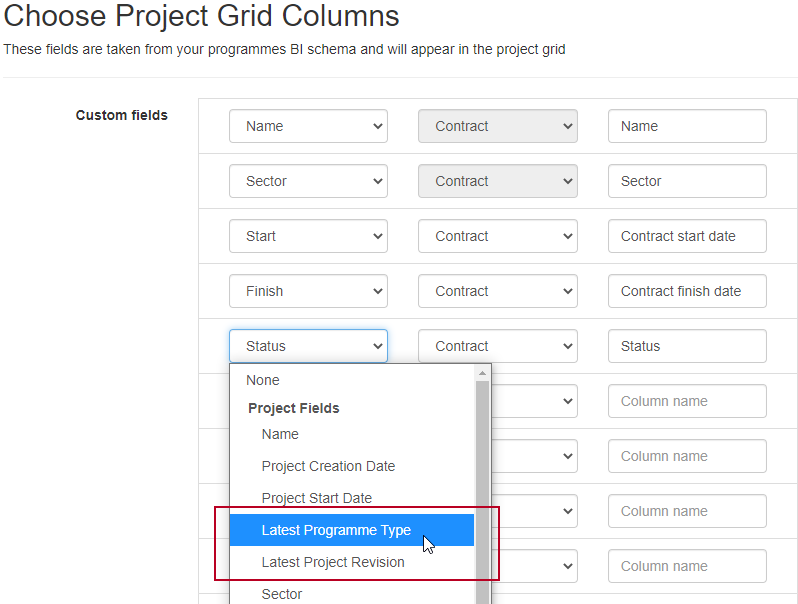 The new fields highlighted on the Choose Project Grid Columns page