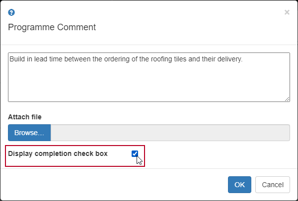 The 'Display completion check box' check box, hightlighted on the Programme Comment page