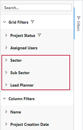 The new location of the project grid filters