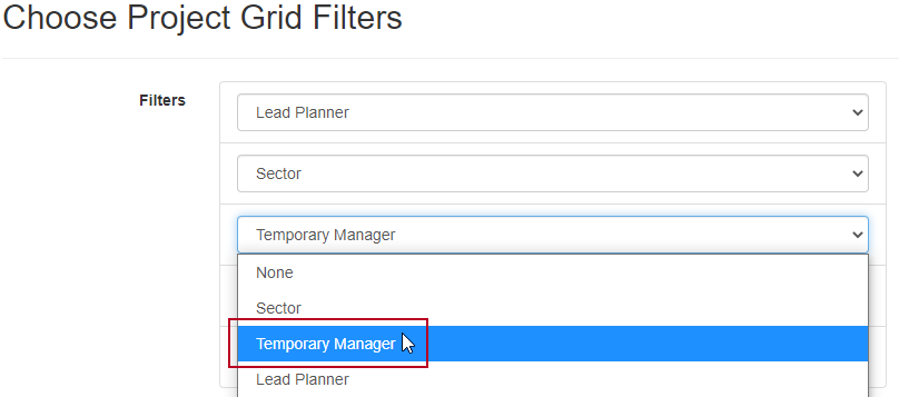 A user-type user-defined field highlighted on the Choose Project Grid Filters page