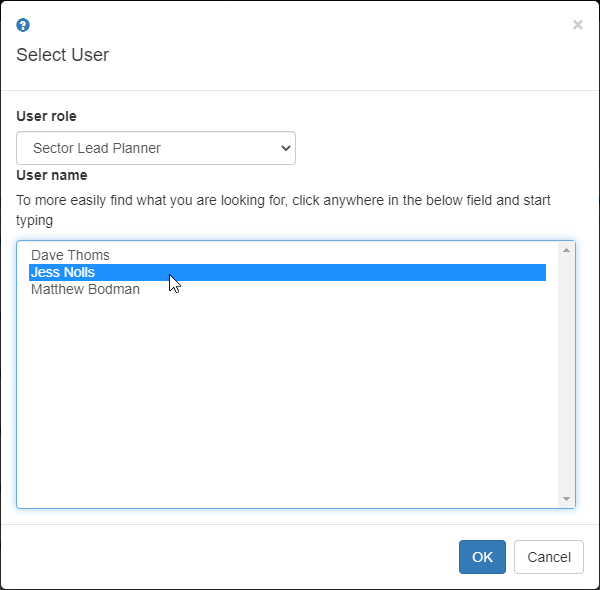 Selecting a user to filter projects