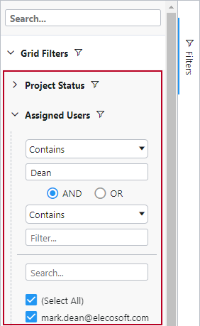 The new location of the project status and assigned users filters