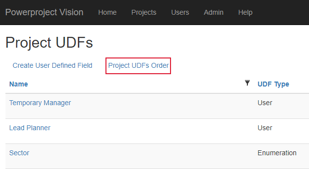 The Project UDFs Order command appears on the Project UDFs page