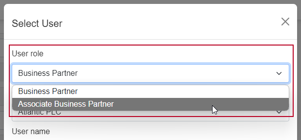 Two specified user roles appearing in the User role field, on the Select User popup