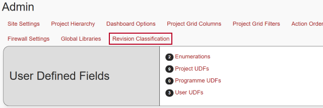 The new 'Revision Classification' option, highlighted on the Admin page