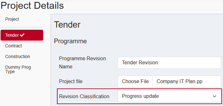The new 'Revision Classification' field, highlighted on the Project Details page