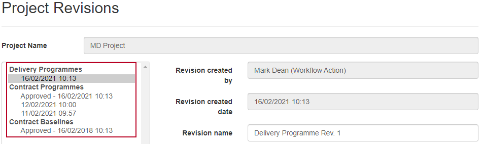 Programme types appearing with the most recent first, on the Project Revisions page