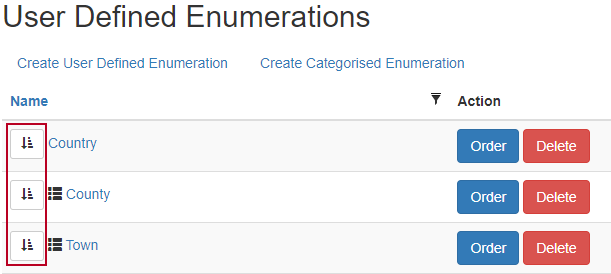 The 'Show Hierarchy' icon, highlighted on the User Defined Enumerations page