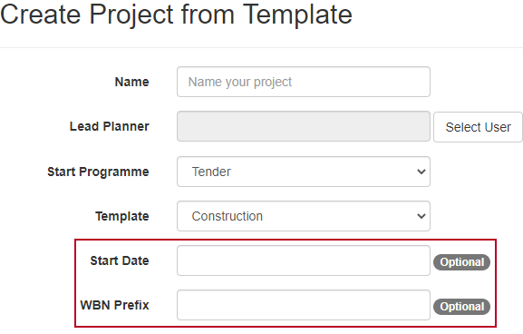 The new fields highlighted on the Choose Project from Template page
