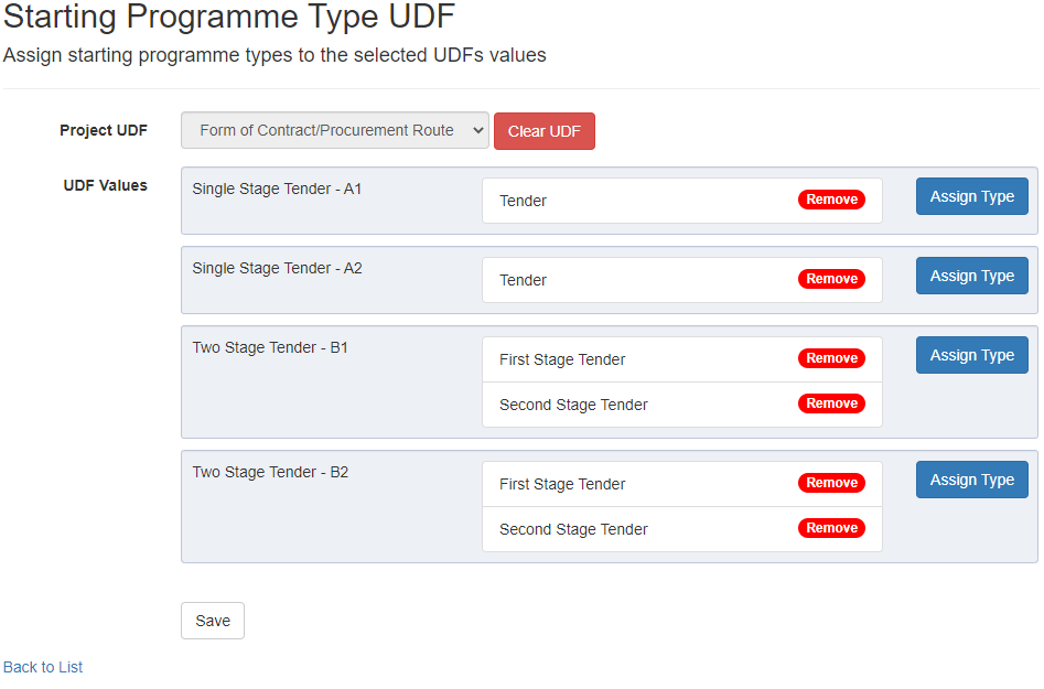 The Starting Programme Type UDF page