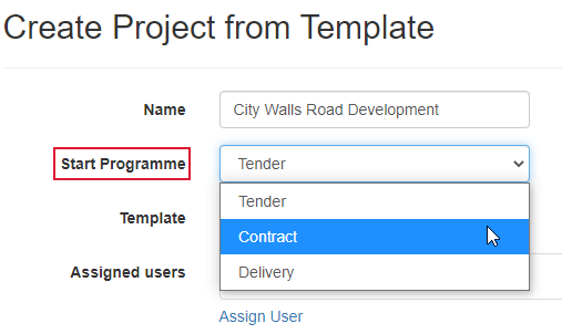 The Start programme field on the Create Project from Template page