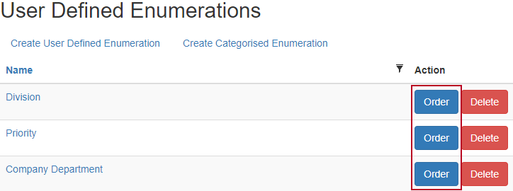 The 'Order' button, on the User Defined Enumerations page