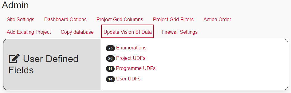 The new 'Update Vision BI Data' command, highlighted on the Admin page