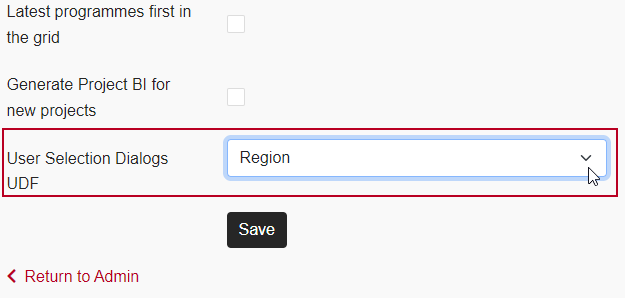 The 'User Selection Dialogs UDF' field, highlighted on the Site Settings page