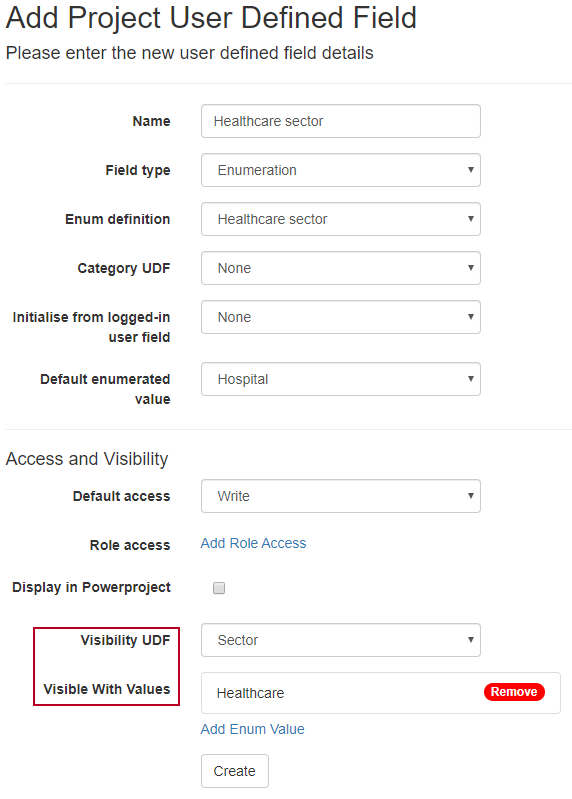 The Visibility UDF and Visible with values fields on the Add Project User Defined Field page