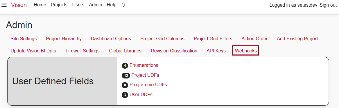 The Admin page, with the new 'Webhooks' option highlighted