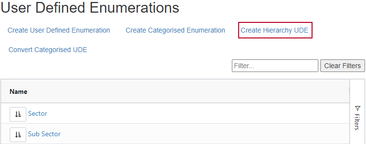 The 'Create Hierarchy UDE' option on the User-Defined Enumerations page