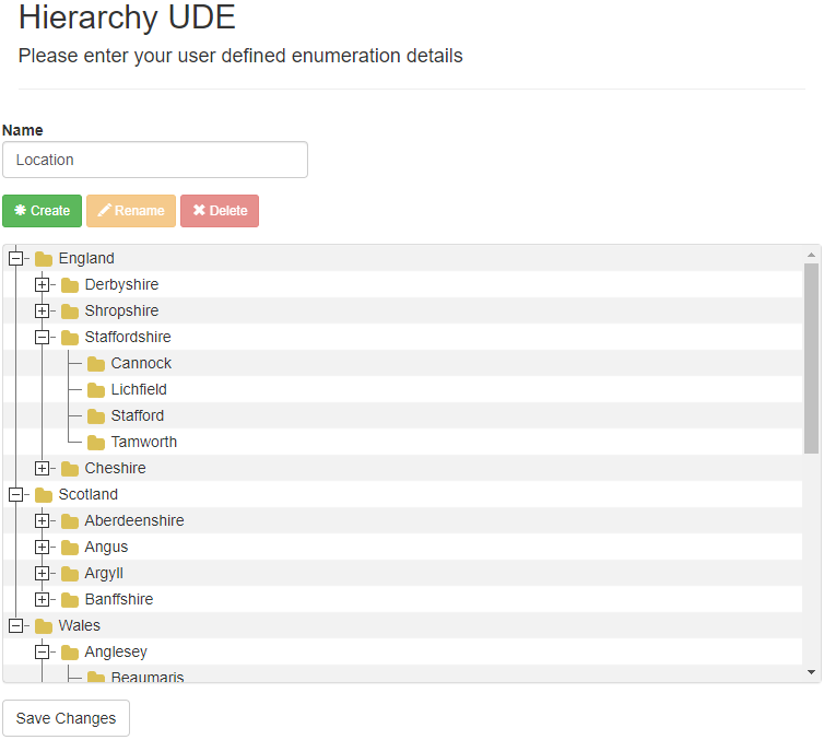 The new Hierarchy UDE page, displaying a hierarchical user-defined enumeration