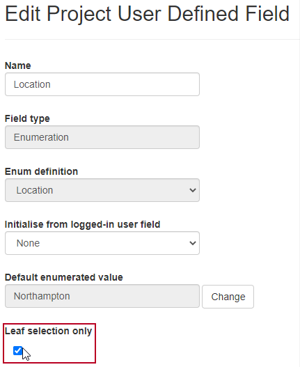 The new 'Leaf selection only' check box, highlighted on the Edit Project User Defined Field page