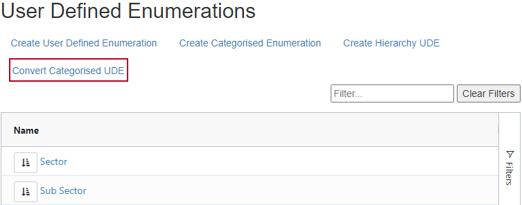 The 'Convert Categorised UDE' option on the User-Defined Enumerations page