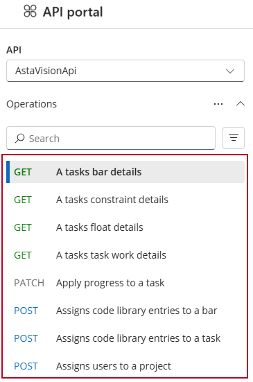 Part of the list of operations that are available for use in the API