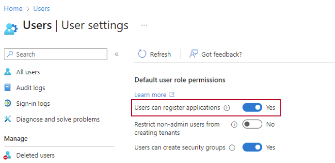 The 'Users can register applications' setting in the Microsoft Entra Admin Center