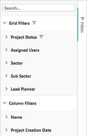 The filter controls available for the Projects page