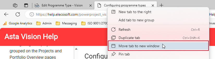 Selecting the 'Move tab to new window' menu command