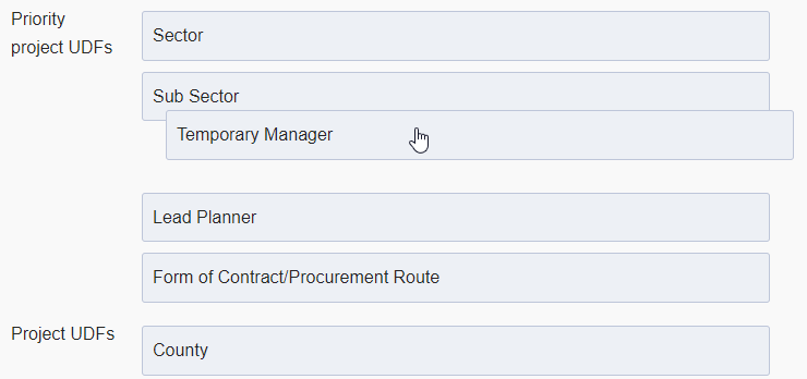 The 'Priority' section on the Project UDFs Order page