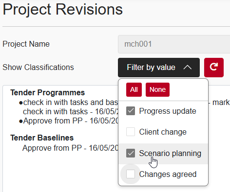 The new 'Show Classifications' field on the Project Revisions page