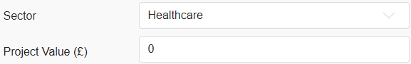 The Project Value (£) field appears on the Project page if 'Healthcare' is selected in the Sector field