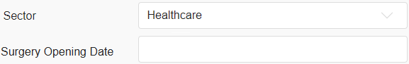 The Surgery Opening Date field appears on the Project page if 'Healthcare' is selected in the Sector field