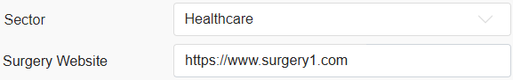 The Surgery Website field appears on the Project page if 'Healthcare' is selected in the Sector field