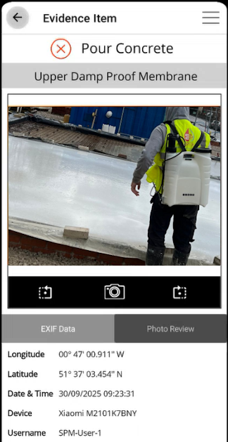 The Evidence Item screen