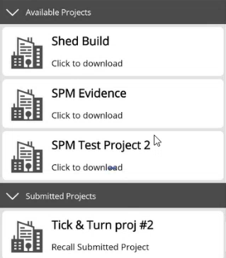 The Projects screen, displaying one active project and two available projects